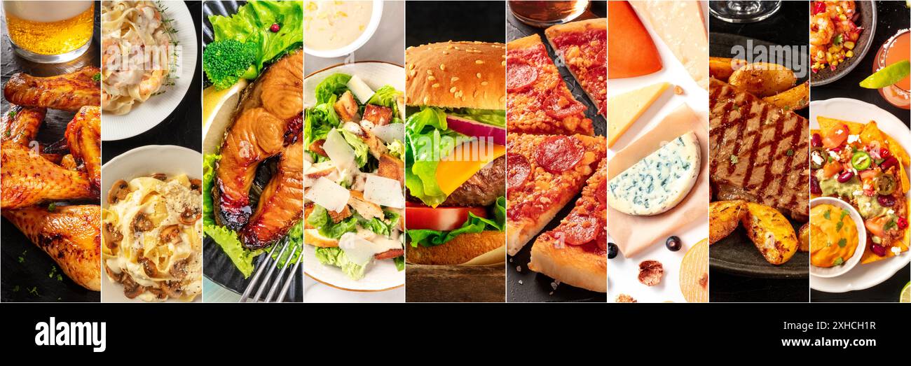 Panorama del collage alimentare, modello di design. Vari piatti gustosi, tra cui un hamburger, una pizza, pasta di pesce, bistecche di manzo. Un menu del ristorante o un Foto Stock