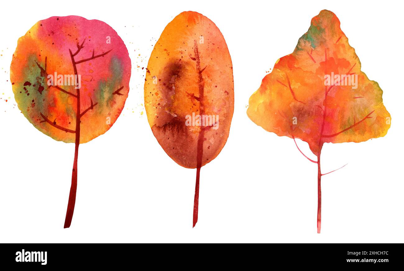 Alberi d'autunno. Un insieme di alberi bizzarri nei colori della caduta, isolati su uno sfondo bianco, disegno astratto Foto Stock