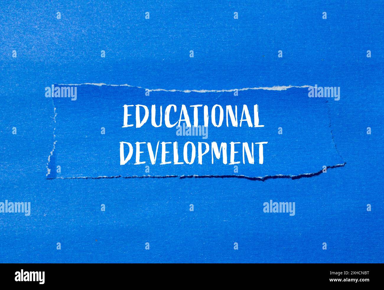 Messaggio di sviluppo educativo scritto su un pezzo di carta strappato con sfondo blu. Simbolo dello sviluppo concettuale educativo. Copia spazio. Foto Stock