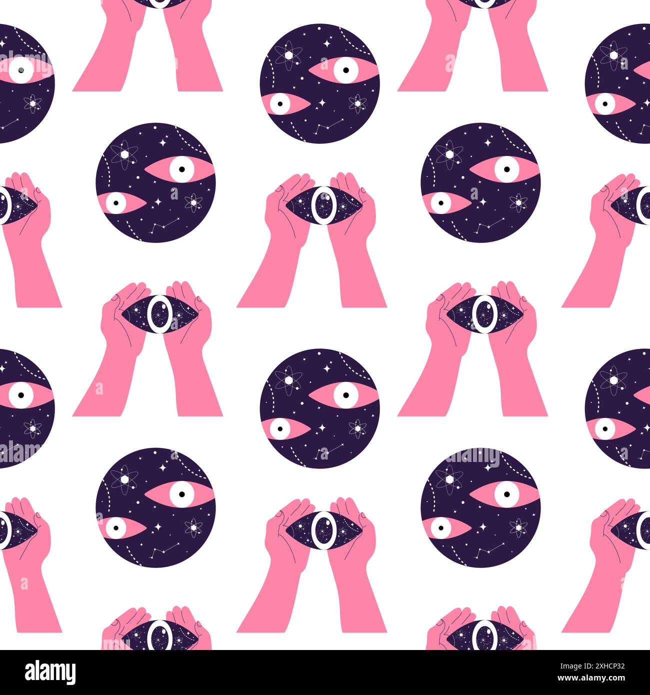 Pattern senza cuciture con elementi surreali. Design vettoriale disegnato a mano con occhi fluttuanti e occhi nelle mani. Illustrazione Vettoriale