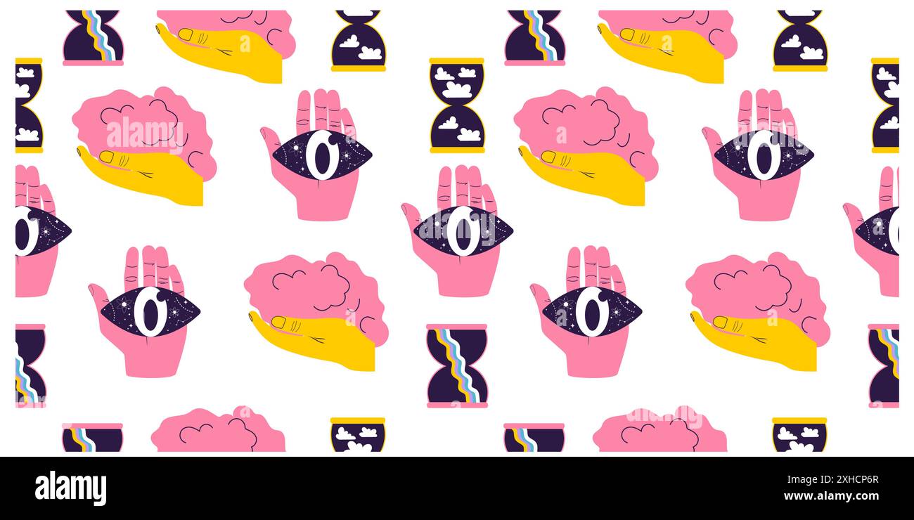 Pattern senza cuciture con elementi surreali. Design disegnato a mano con occhio e cervello in mano. Illustrazione Vettoriale