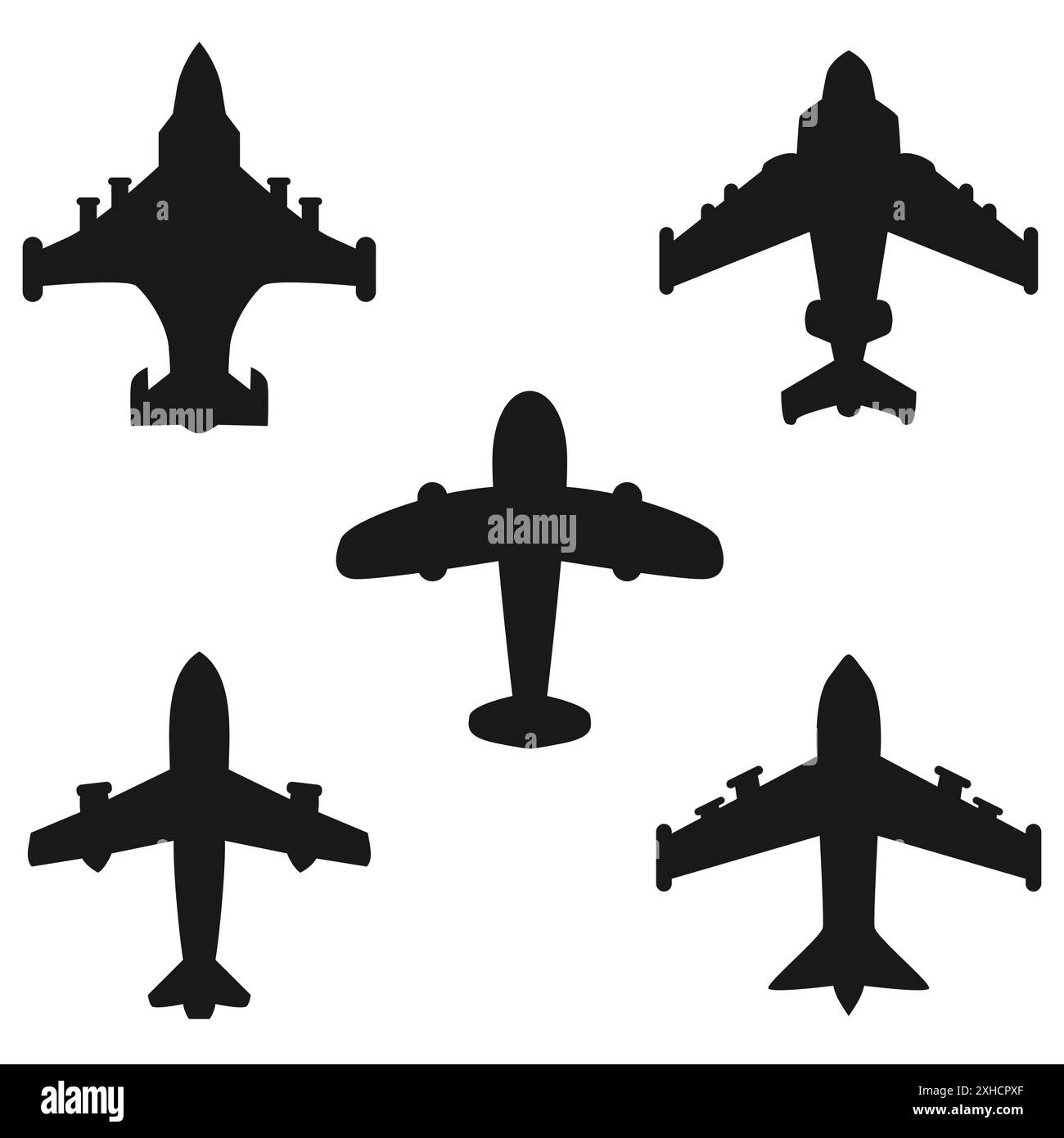 Collezione di icone Black Airplane Set. Set di icona di silhouette del piano nero Illustrazione Vettoriale