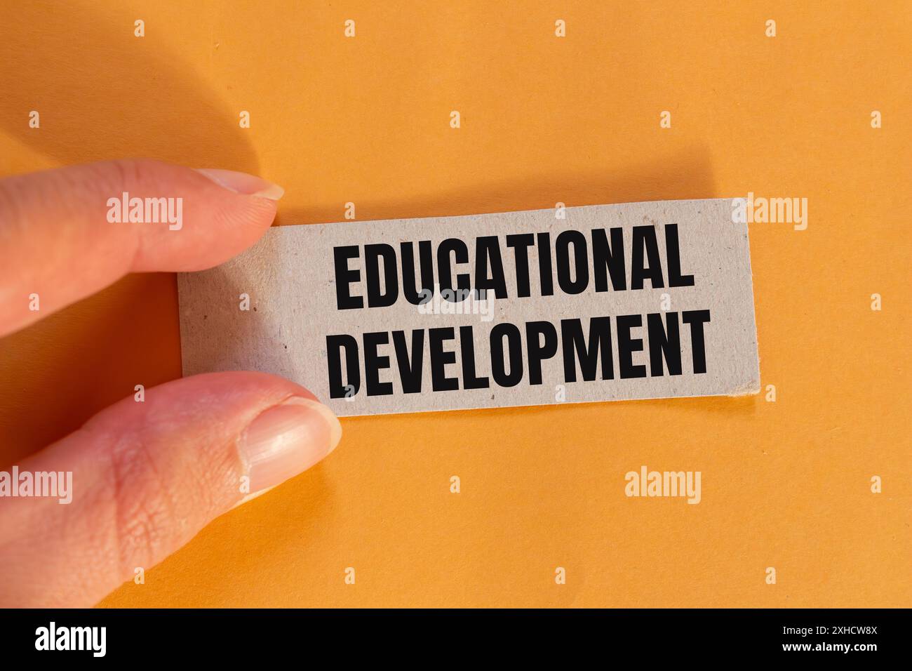 Messaggio di sviluppo educativo scritto su un pezzo di carta strappato con sfondo arancione. Simbolo dello sviluppo concettuale educativo. Copia spazio. Foto Stock