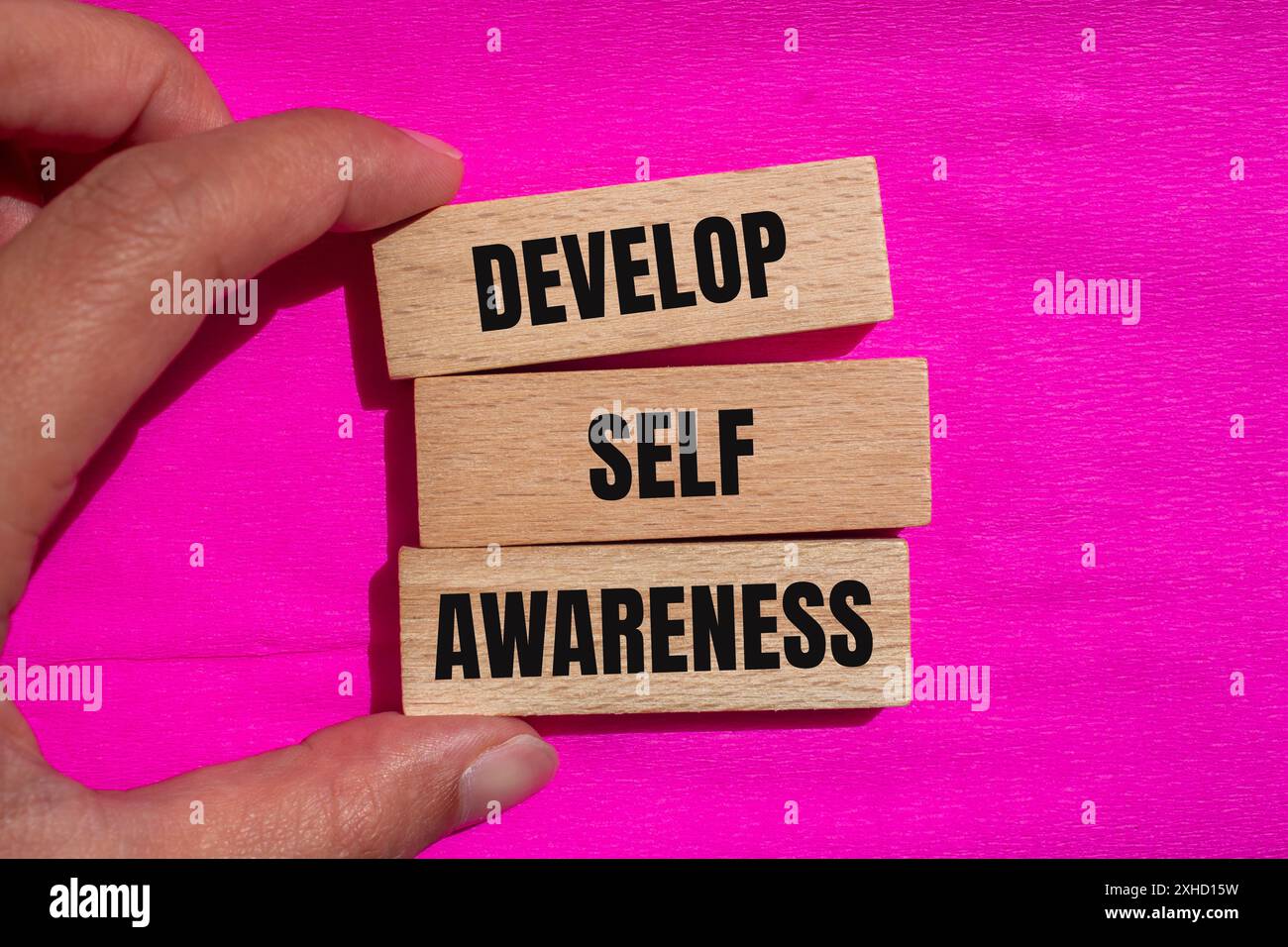 Sviluppare un messaggio di autoconsapevolezza scritto su blocchi di legno con sfondo rosa. Simbolo di autoconsapevolezza concettuale. Copia spazio. Foto Stock