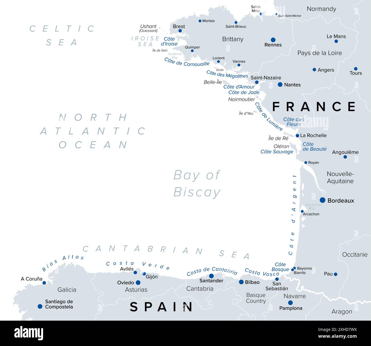 Baia di Biscaglia, nomi turistici di spiagge e coste del Golfo di Guascogna, mappa politica. Golfo dell'Atlantico settentrionale, a sud del Mar Celtico. Foto Stock