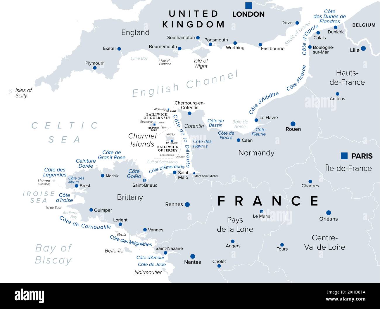 Francia settentrionale, nomi turistici di spiagge e coste, mappa politica. Costa della Francia e del Regno Unito lungo la Manica. Foto Stock