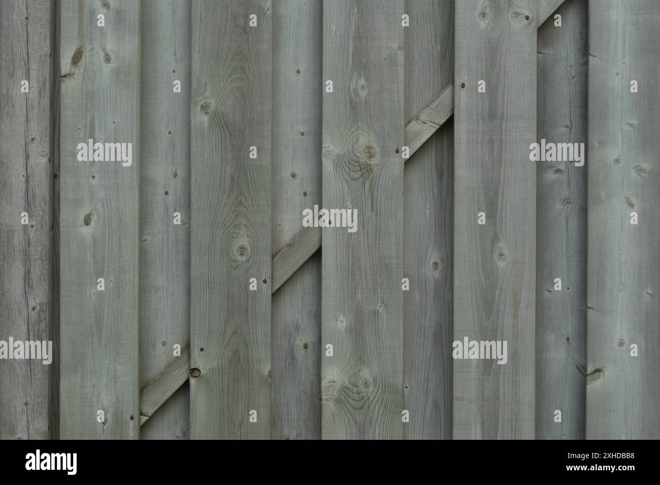 Primo piano di una recinzione in legno con trattamento a pressione e agenti atmosferici grigi. Foto Stock