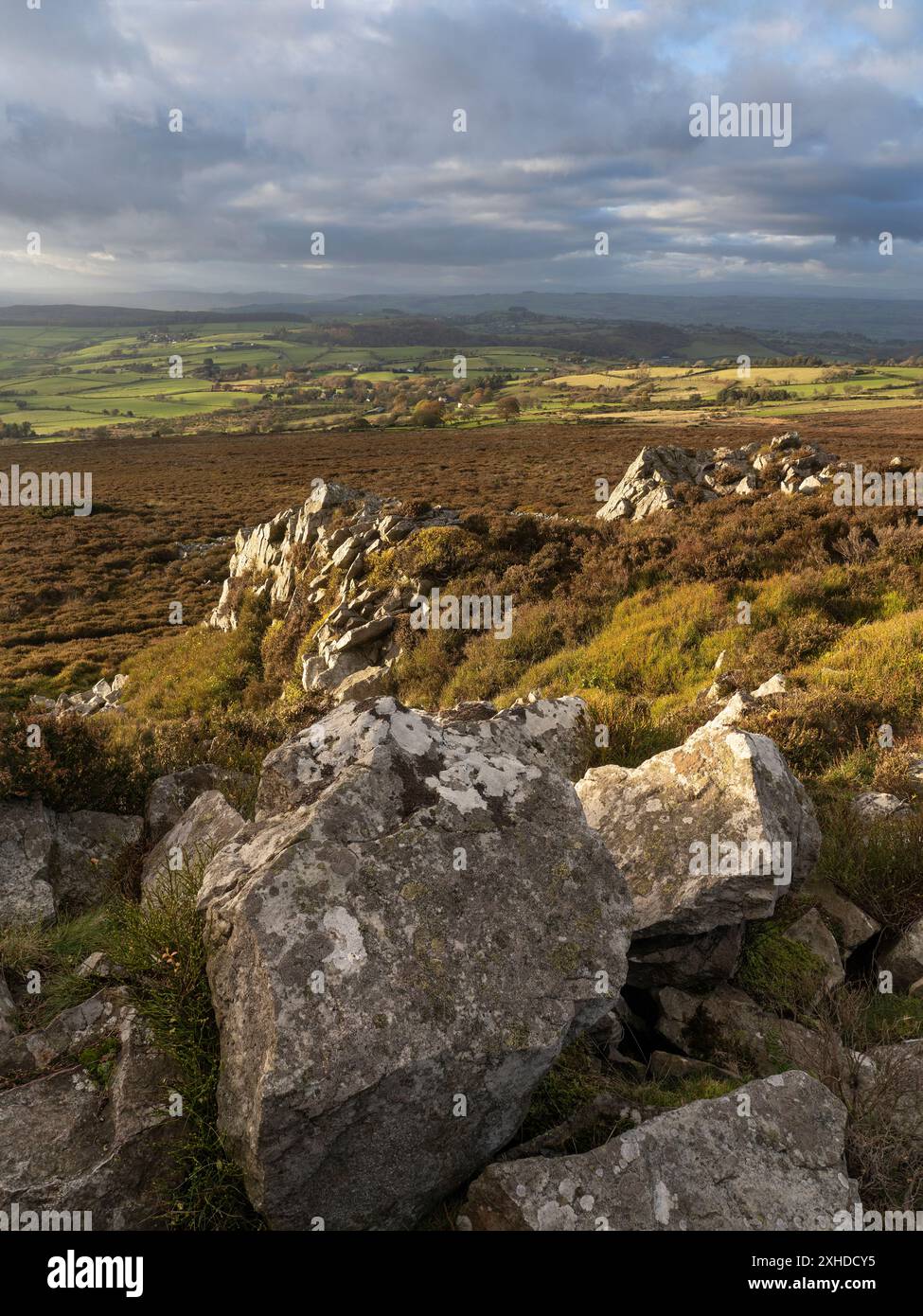 Paesaggi spettacolari e viste da The Stiperstones, una cresta di quarzite esposta nel South Shropshire, Regno Unito Foto Stock