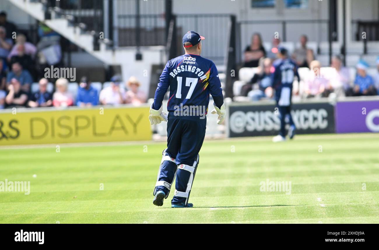 Hove UK 13 luglio 2024 - Adam Rossington, wicketkeeper dell'Essex, durante la partita di cricket Vitality T20 tra Sussex Sharks e Essex al 1° Central County Ground di Hove: Credit Simon Dack /TPI/ Alamy Live News Foto Stock