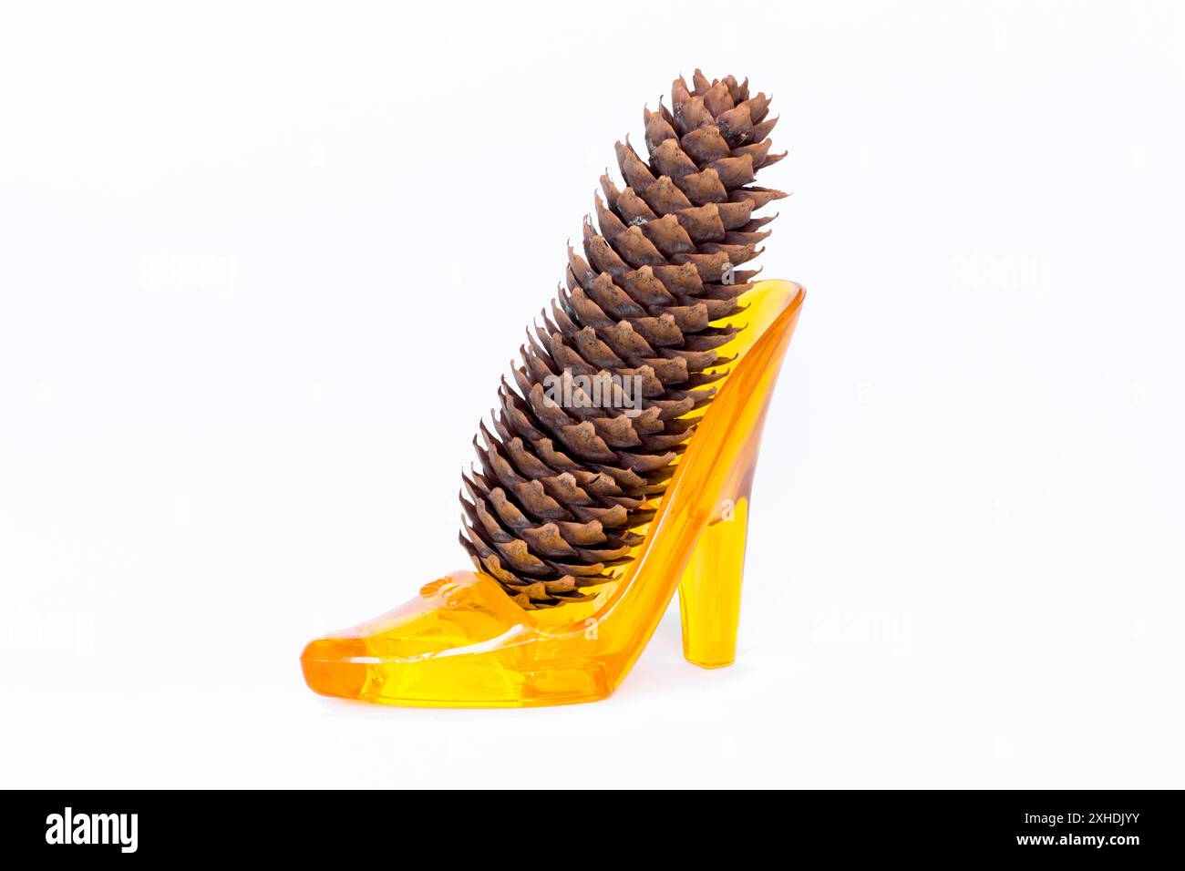 Un cono di pino marrone si trova in posizione verticale all'interno di una scarpa gialla con tacco alto su uno sfondo bianco. Foto Stock