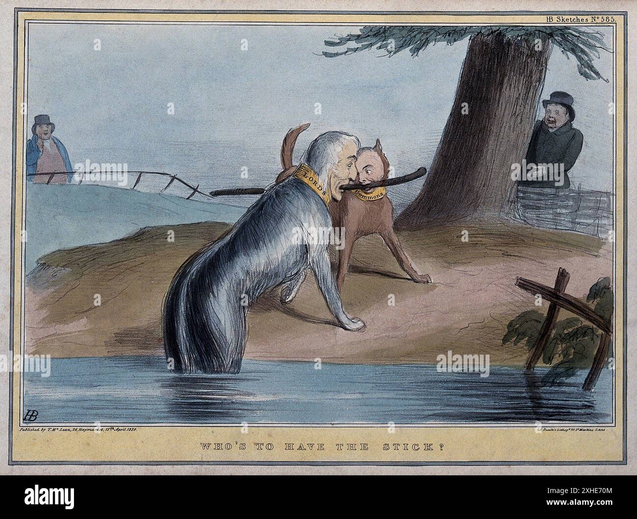 Un cane grande con la testa del Duca di Wellington emerge da un corpo d'acqua mentre un cane più piccolo con la testa di Lord John Russell tira l'estremità opposta di un bastone iscritto Committee Ireland. Entrambi i cani stanno tirando il bastone in una lotta. Il cane che rappresenta Wellington indossa un collare che recita Duke. Sullo sfondo, John Bull e Daniel o'Connell stanno guardando i cani. Questo cartone animato politico, una litografia di H.B. John Doyle, è stato creato nel 1839. Doyle, John, 1797-1868. Data: 15 aprile 1839 Foto Stock
