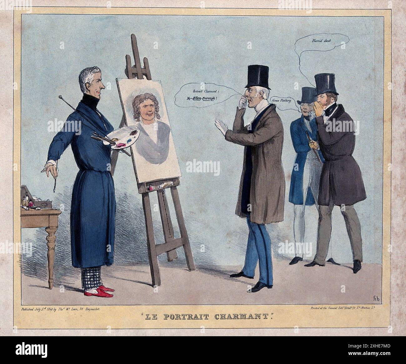 Il Duca di Wellington ammira un ritratto di Lord Ellenborough dipinto da Lord Brougham, due figure tra cui Lord John Russell stanno sullo sfondo. Litografia colorata di H.B. (John Doyle), 1843. Foto Stock