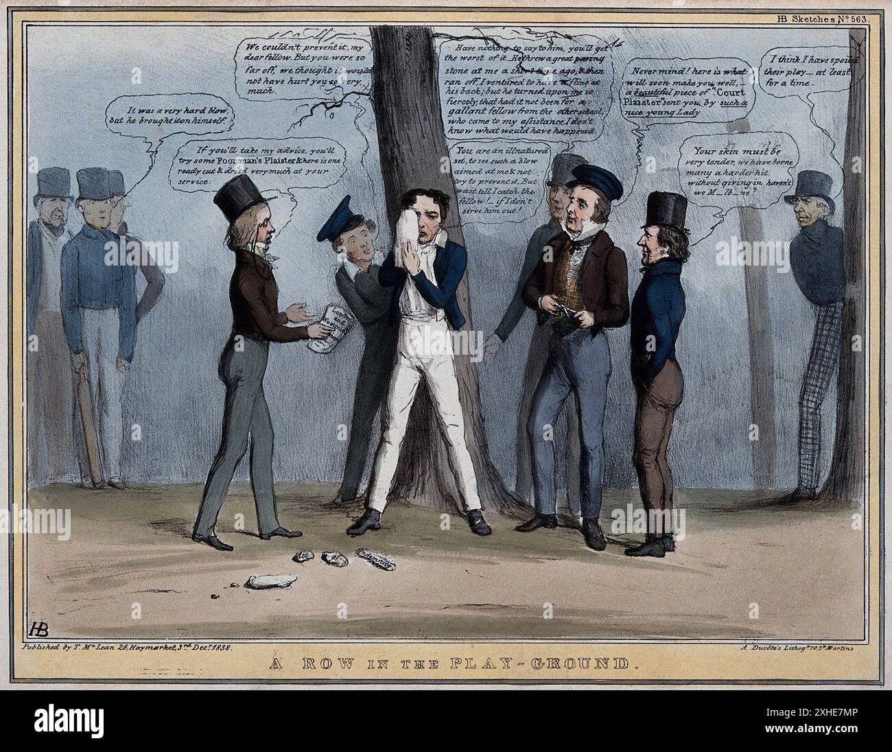 Lord Durham sta allattando il suo occhio da un missile inscritto 'atto di indemnita' gettato da Lord Brougham che si trova all'estrema destra dietro un albero. Litografia colorata di H.B. (John Doyle), 1838. Foto Stock