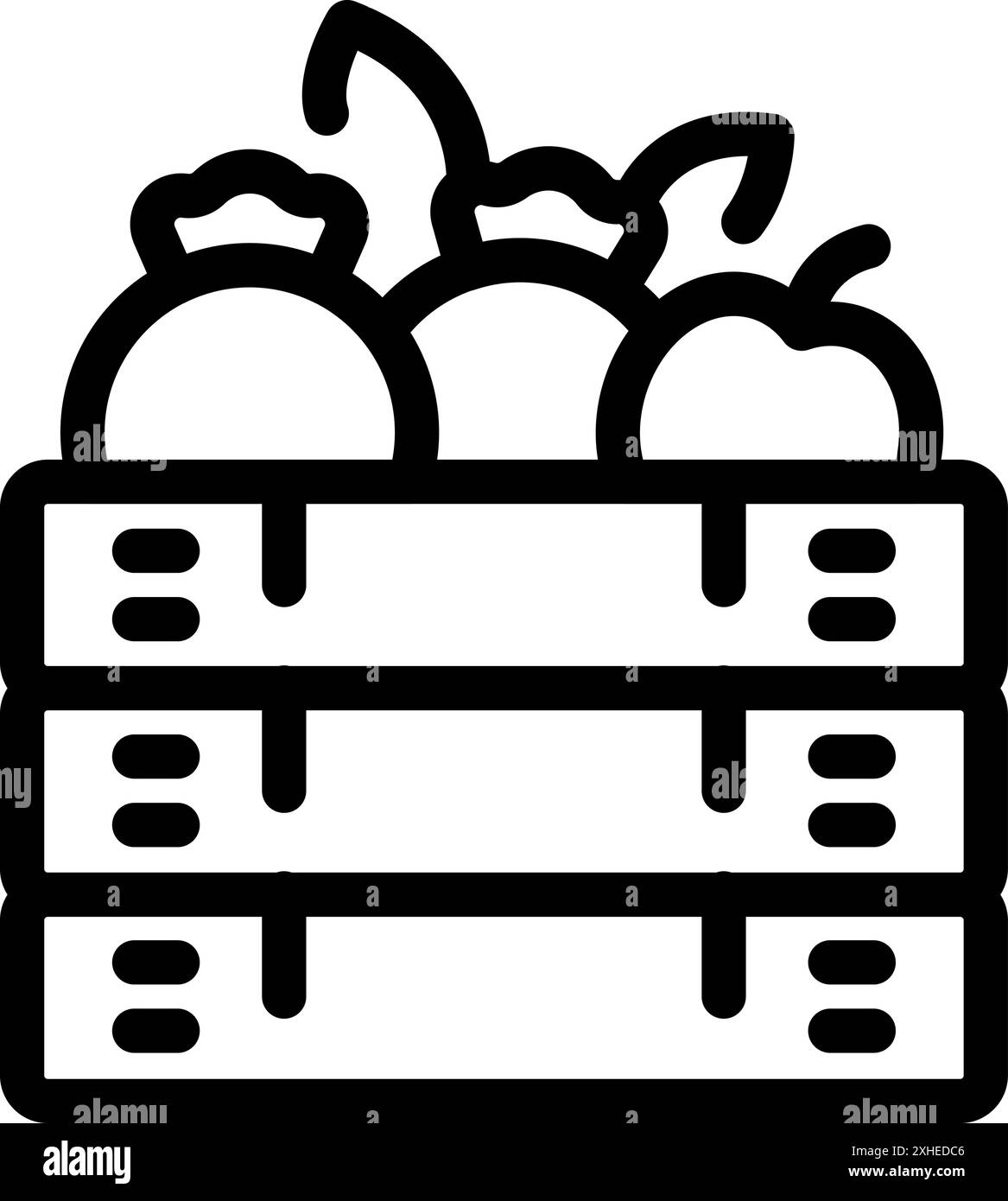 Icona della linea di casse di legno, piene di verdure, che simboleggia l'agricoltura e il mercato locale Illustrazione Vettoriale