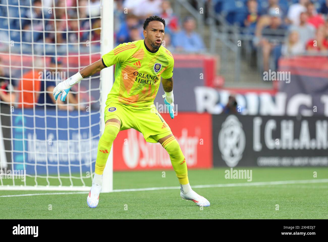 13 luglio 2024; Foxborough, ma, Stati Uniti; il portiere dell'Orlando City Pedro Gallese (1) in azione durante il match MLS tra Orlando City e New England Revolution. Anthony Nesmith/CSM Foto Stock