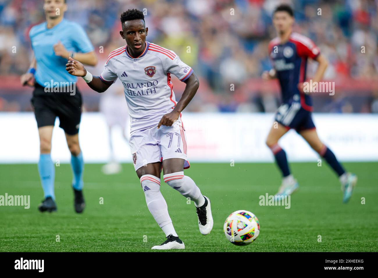 Stadio Gillette. 13 luglio 2024. Massachusetts, USA; l'attaccante Ivan Angulo (77) di Orlando City passa la palla in una partita di calcio della Major League tra la New England Revolution e l'Orlando City SC al Gillette Stadium. (c) Burt Granofsky/CSM/Alamy Live News Foto Stock