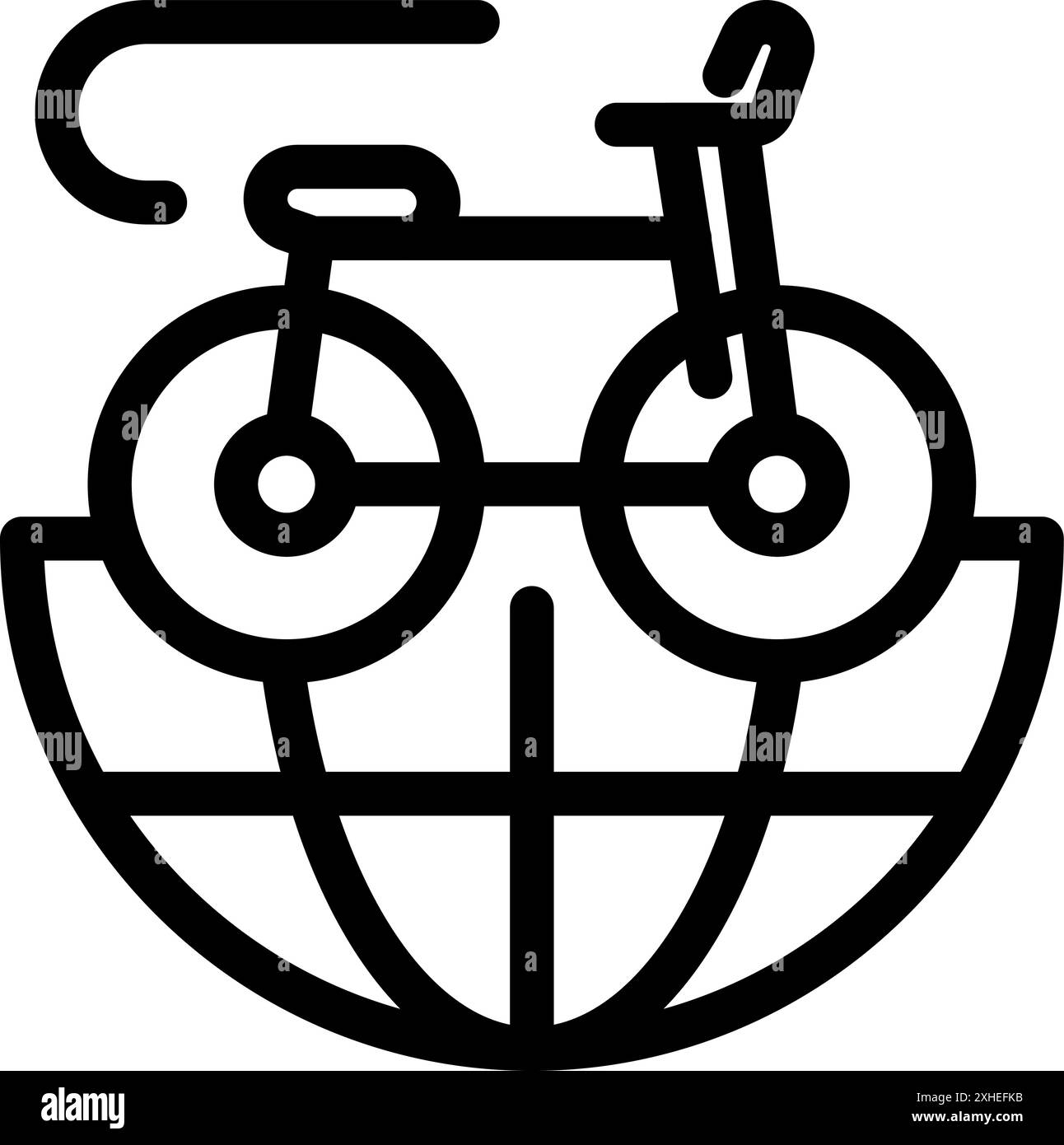 Icona in stile art di linea di un giro in bicicletta in tutto il mondo, che rappresenta un viaggio e un'esplorazione globali ecocompatibili Illustrazione Vettoriale