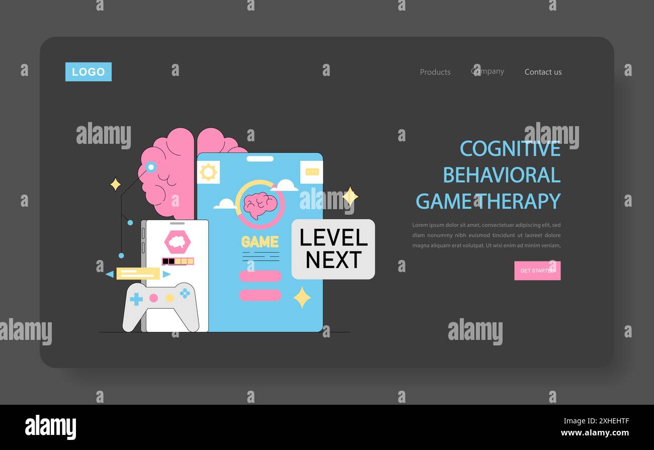 Concetto di gamification in psicoterapia che mostra elementi di gioco cerebrali e digitali che fondono terapia e gioco. Aggiornamento cognitivo attraverso il gioco. Illustrazione vettoriale. Illustrazione Vettoriale
