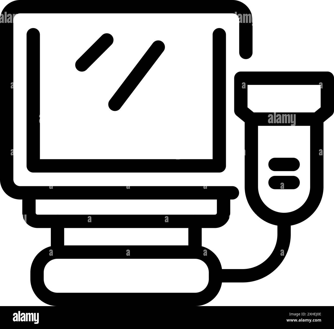 Icona a linea di una macchina a ultrasuoni, comunemente utilizzata per i controlli della gravidanza e il monitoraggio dello sviluppo fetale Illustrazione Vettoriale