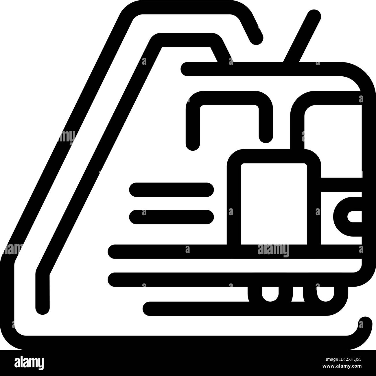 Semplice icona in bianco e nero di un tram che lascia la piattaforma della stazione Illustrazione Vettoriale