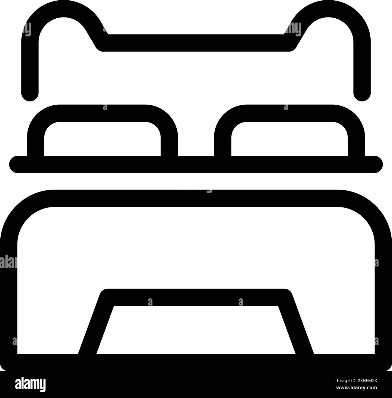 Letto matrimoniale con cuscini e coperta che riveste l'icona della linea, arredamento per camera da letto Illustrazione Vettoriale