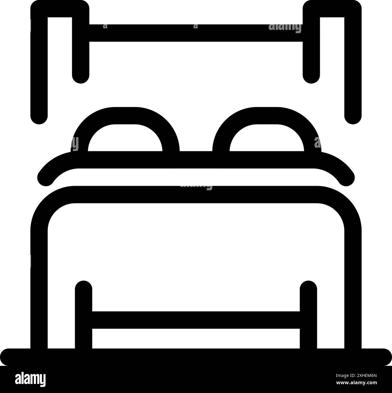 Semplice letto matrimoniale con cuscini e baldacchino che rappresenta l'icona della camera su sfondo bianco Illustrazione Vettoriale