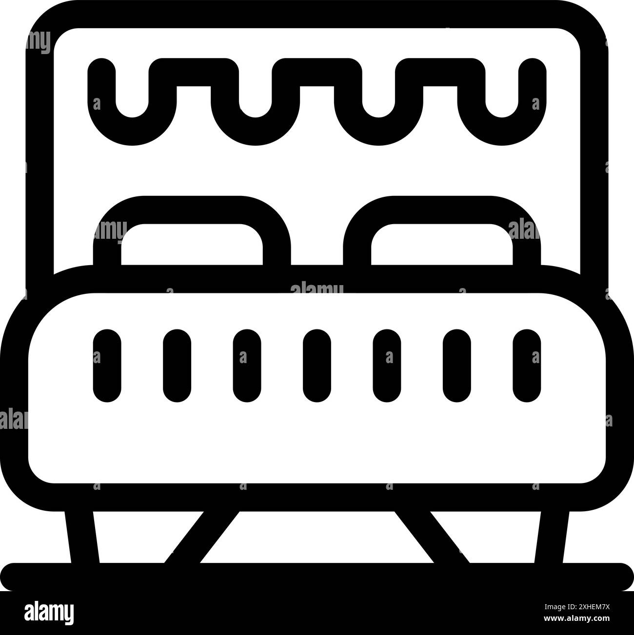 Icona Line che rappresenta un letto doppio con cuscini e coperta, perfetto per progetti legati a hotel, camere da letto, mobili e interior design Illustrazione Vettoriale