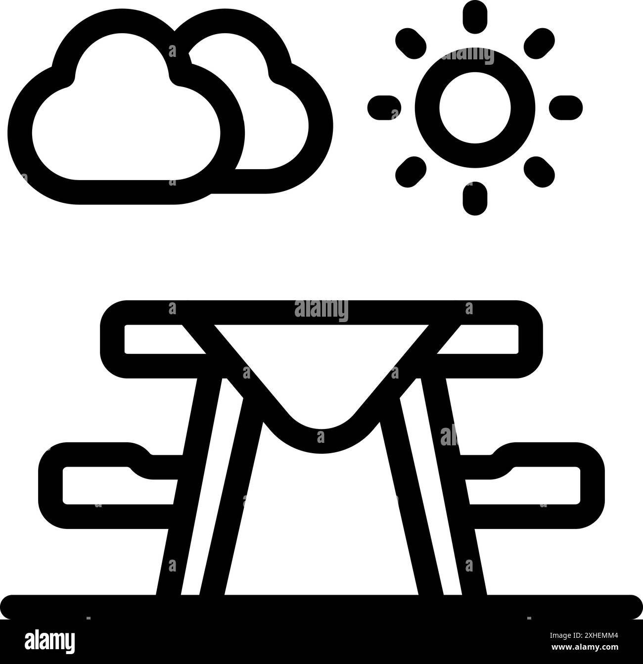 Il tavolo da picnic è in attesa sotto il sole, per permettere alle persone di pranzare in una splendida giornata estiva Illustrazione Vettoriale