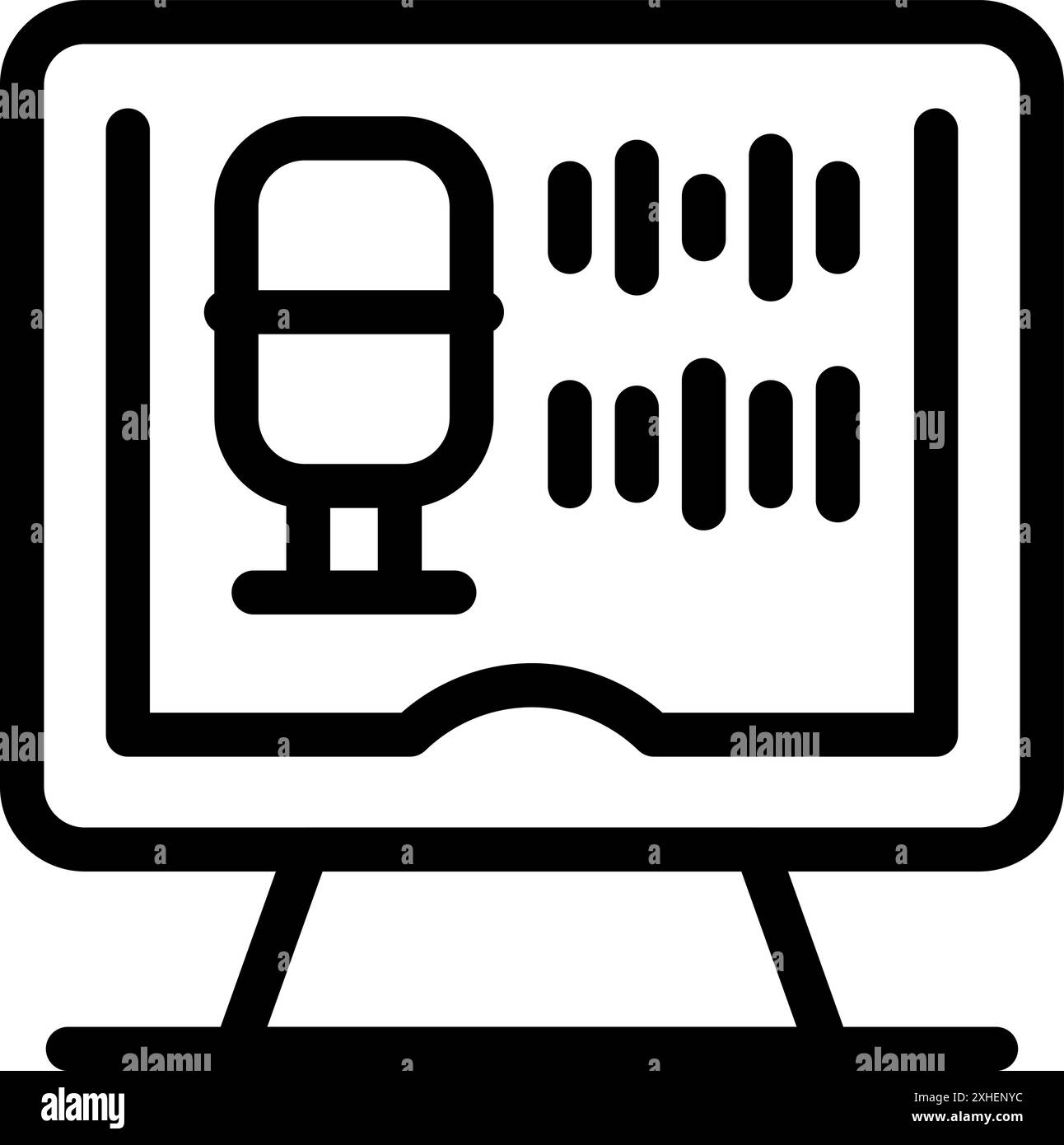 Traccia audio e simbolo del microfono visualizzati sullo schermo di un computer, che rappresenta il software di editing audio Illustrazione Vettoriale