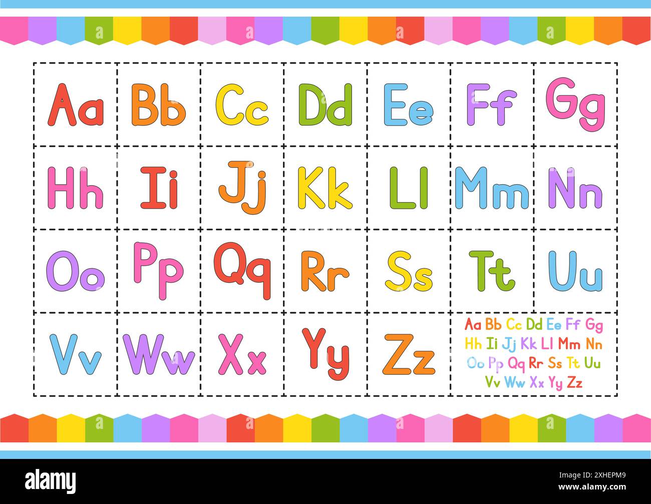 Alfabeto inglese. Gruppo vettoriale. Stile dai colori brillanti. Cartoni animati ABC. Divertente font disegnato a mano. Lettere minuscole e maiuscole Illustrazione Vettoriale