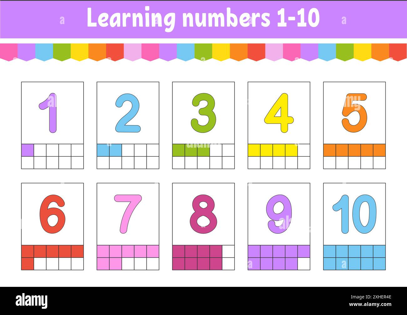 Impostare le schede flash per i bambini. Numeri di apprendimento 1-10. Foglio di lavoro per lo sviluppo dell'istruzione. Pagina attività per la scuola. Gioco di colori per bambini. Illustratio vettoriale Illustrazione Vettoriale