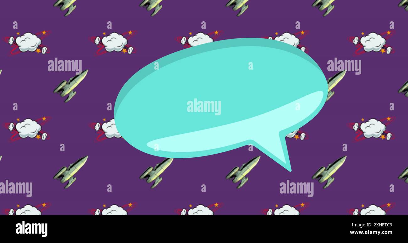 Immagine di fumetto vocale e icone su sfondo viola Foto Stock