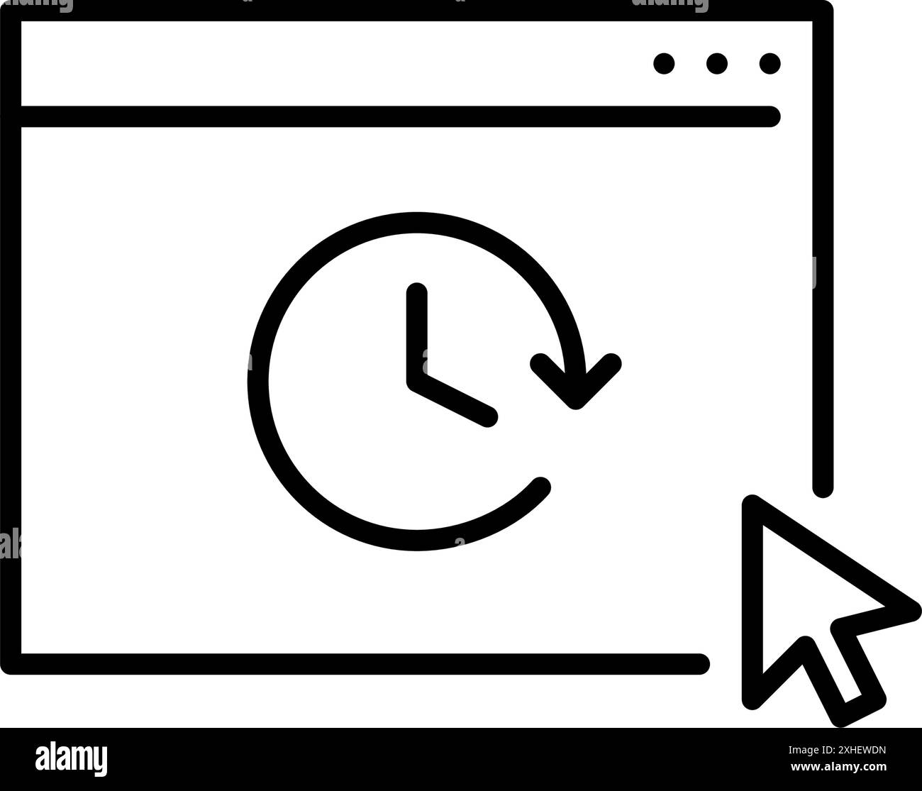 Pagina Web, orologio e clic del mouse. Accesso temporizzato, aggiornamenti in tempo reale, timer e pianificazione online. Pixel Perfect, icona del vettore di traccia modificabile Illustrazione Vettoriale