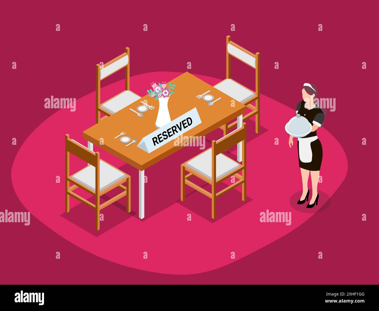 Cartello riservato sul tavolo del ristorante con cameriera che trasporta il piatto. Illustrazione Vettoriale
