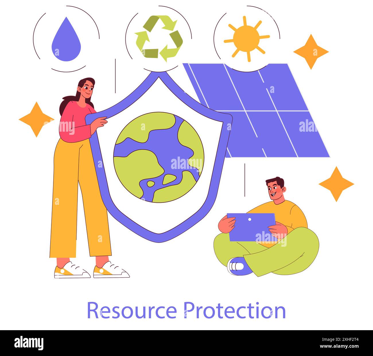 Concetto di materiali sostenibili. Le persone adottano pratiche ecocompatibili con pannelli solari e simboli di riciclaggio. Promuovere la protezione delle risorse e le energie rinnovabili. Illustrazione vettoriale. Illustrazione Vettoriale