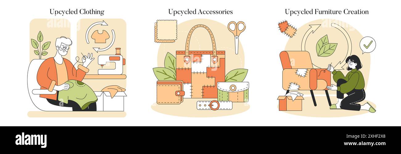 Set Handmade aggiornato. Riutilizzo creativo in abbigliamento, accessori e mobili ecologici. Una vita sostenibile attraverso il riciclaggio innovativo. Illustrazione vettoriale. Illustrazione Vettoriale