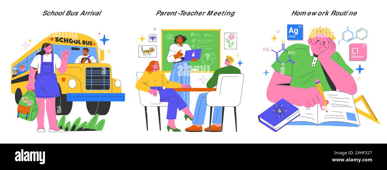 Torna a scuola. Attività quotidiane dall'arrivo dello scuolabus alla routine dei compiti. Scene di vita scolastica, istruzione e processo di apprendimento. Illustrazione vettoriale. Illustrazione Vettoriale