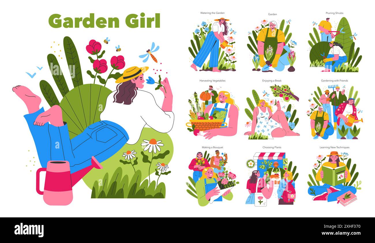 Set Garden Girl. Una collezione di attività di giardinaggio che vanno dalla piantagione al tempo libero, esemplificando uno stile di vita verde con gli amici. Illustrazione vettoriale. Illustrazione Vettoriale