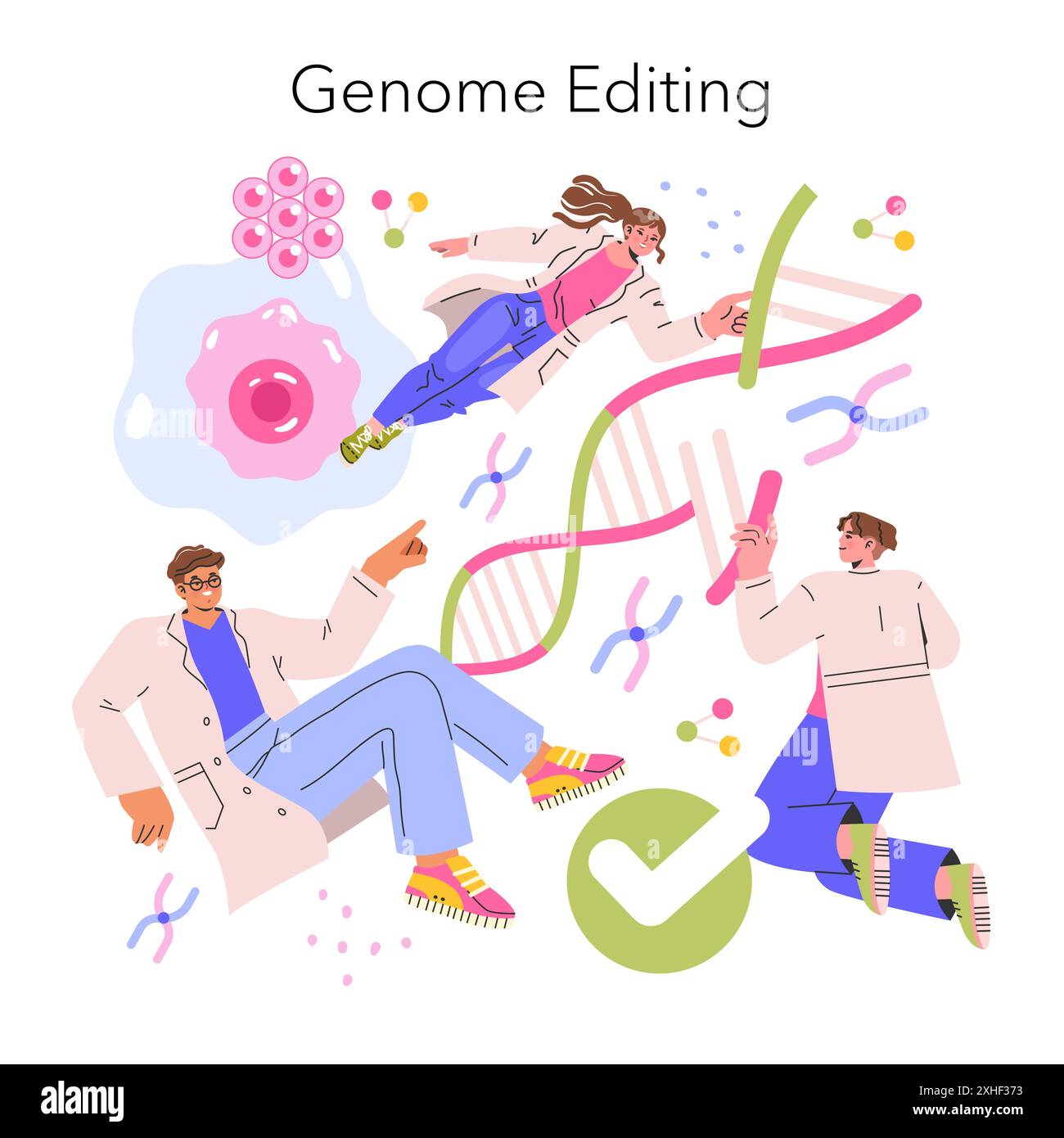 Il concetto di medicina del futuro. Gli scienziati interagiscono con le strutture del DNA, simboleggiando la modifica avanzata del genoma. Ricerca biotecnologica all'avanguardia. Illustrazione vettoriale. Illustrazione Vettoriale