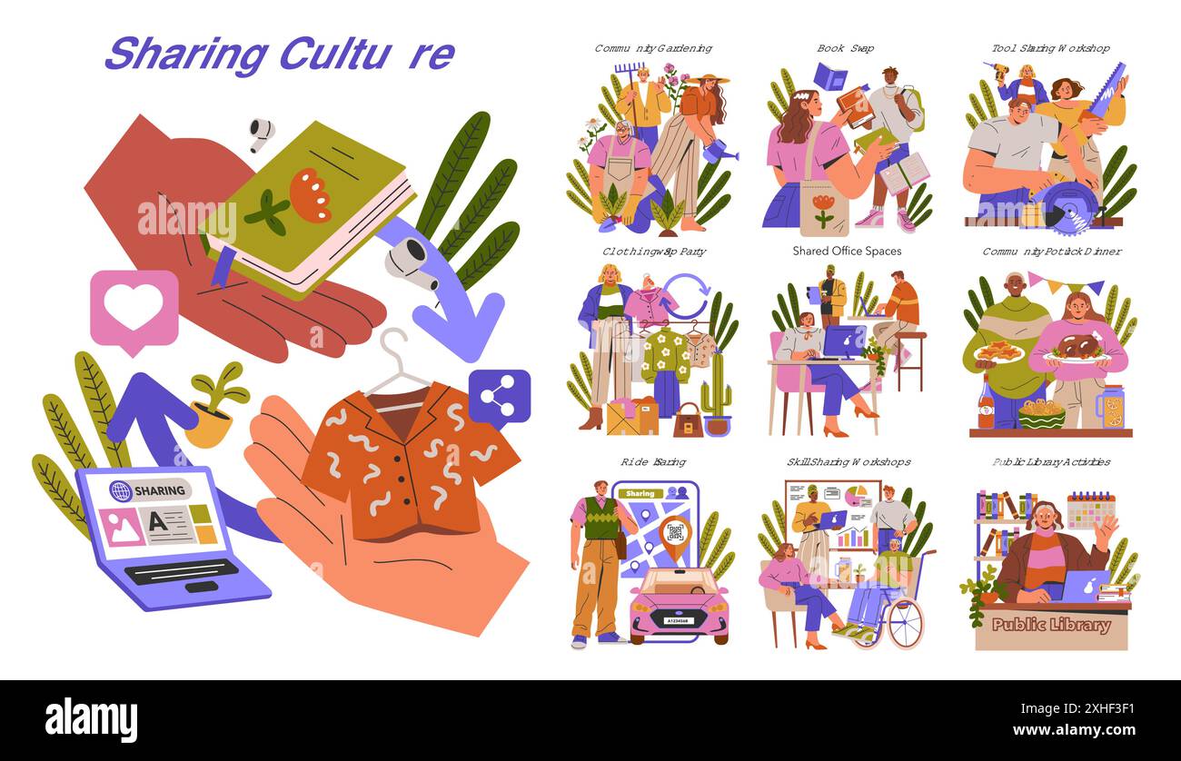 Illustrazione colorata che mostra i diversi aspetti della cultura della condivisione, comprese le attività online e offline. Illustrazione Vettoriale