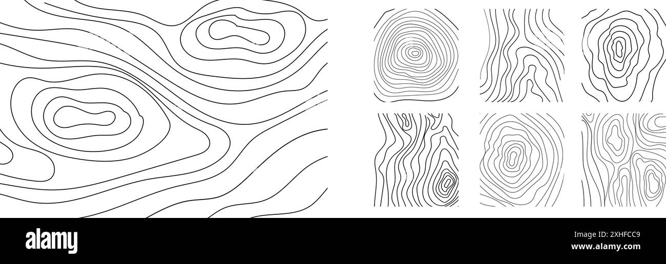 Materiale in legno scarabocchiare linea disegnata a mano. Curva geometrica del tronco d'albero e contorno dell'onda. Anelli e cerchi. . Illustrazione vettoriale Illustrazione Vettoriale