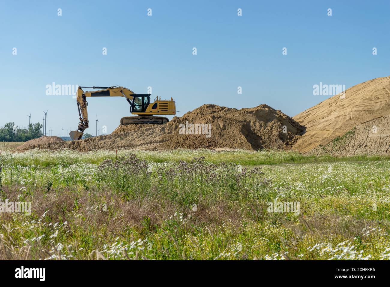 Escavatore su una montagna di sabbia con un prato fiorito in primo piano Foto Stock