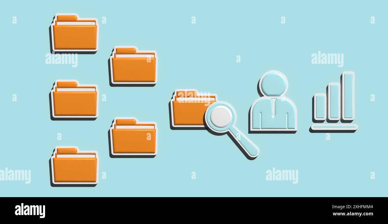 Struttura delle cartelle gialle, lente di ingrandimento e ispettore. Concetto di controllo dei documenti, illustrazione del rendering 3D. Foto Stock