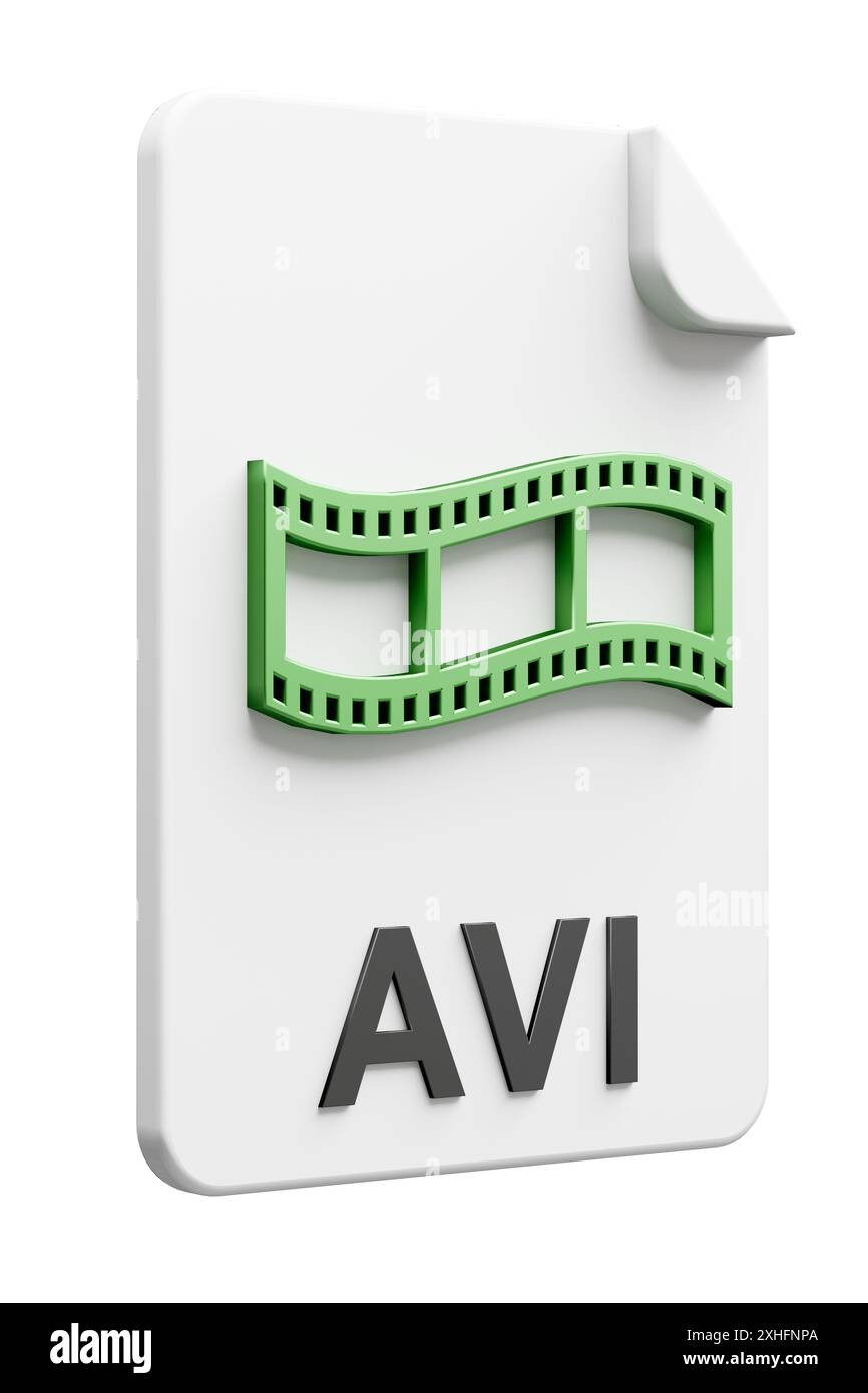 Icona del tipo di file tridimensionale per il tipo di file video AVI isolato su sfondo bianco puro per una facile mascheratura. Foto Stock