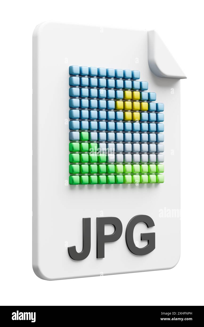 Icona del tipo di file tridimensionale per il tipo di file immagine raster JPG isolato su sfondo bianco puro per una facile mascheratura. Foto Stock
