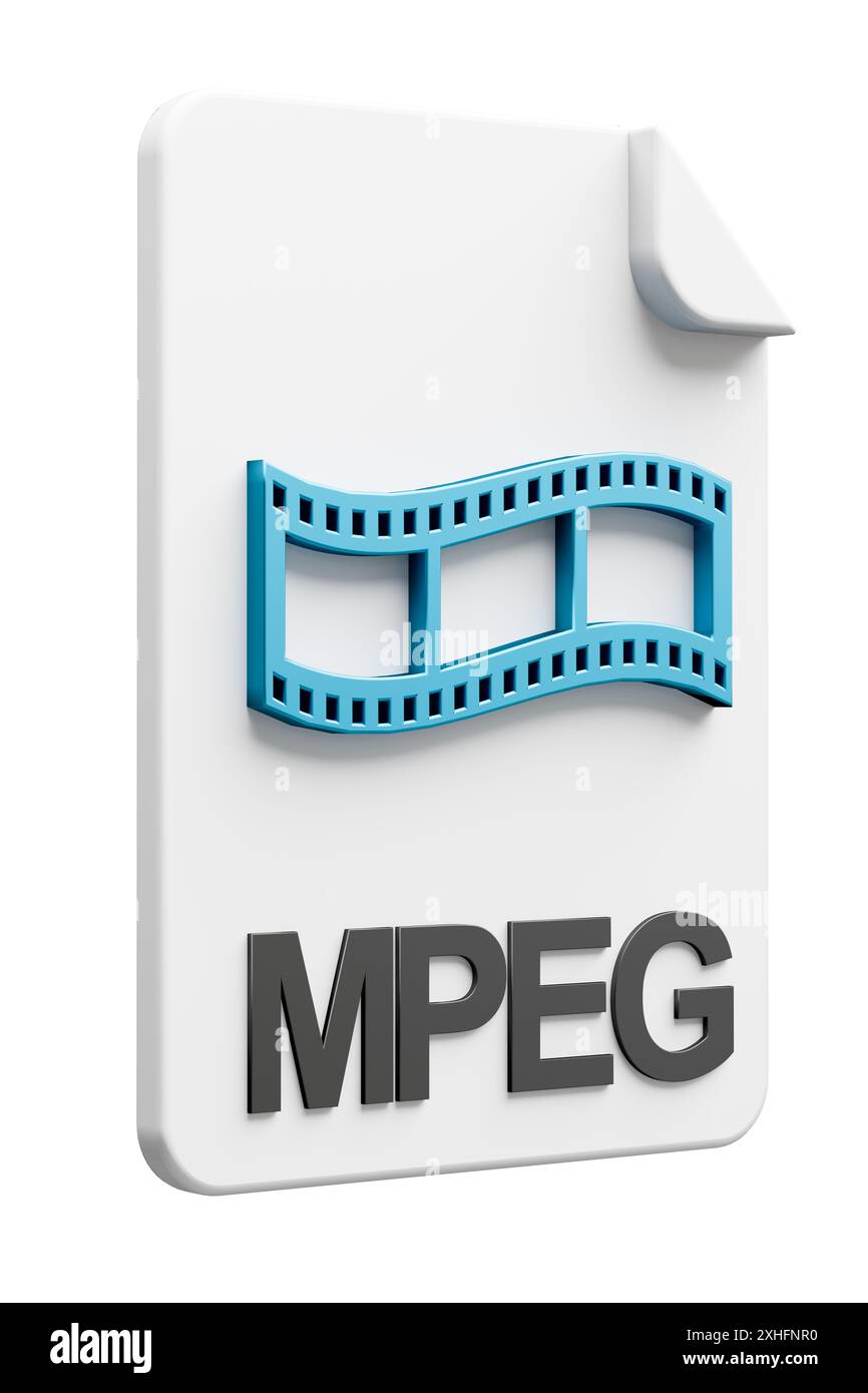 Icona del tipo di file tridimensionale per il tipo di file video MPEG isolato su sfondo bianco puro per una facile mascheratura. Foto Stock