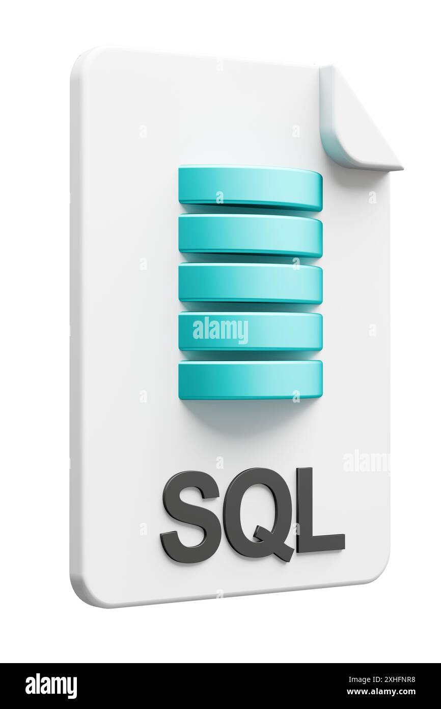 Icona del tipo di file tridimensionale per il tipo di file SQL del linguaggio del database isolato su sfondo bianco puro per una facile mascheratura. Foto Stock