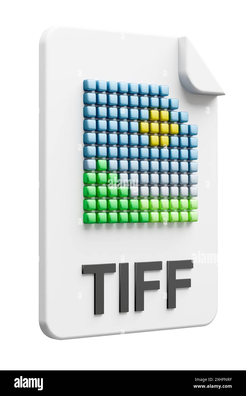 Icona del tipo di file tridimensionale per il tipo di file dell'immagine raster TIFF isolato su sfondo bianco puro per una facile mascheratura. Foto Stock