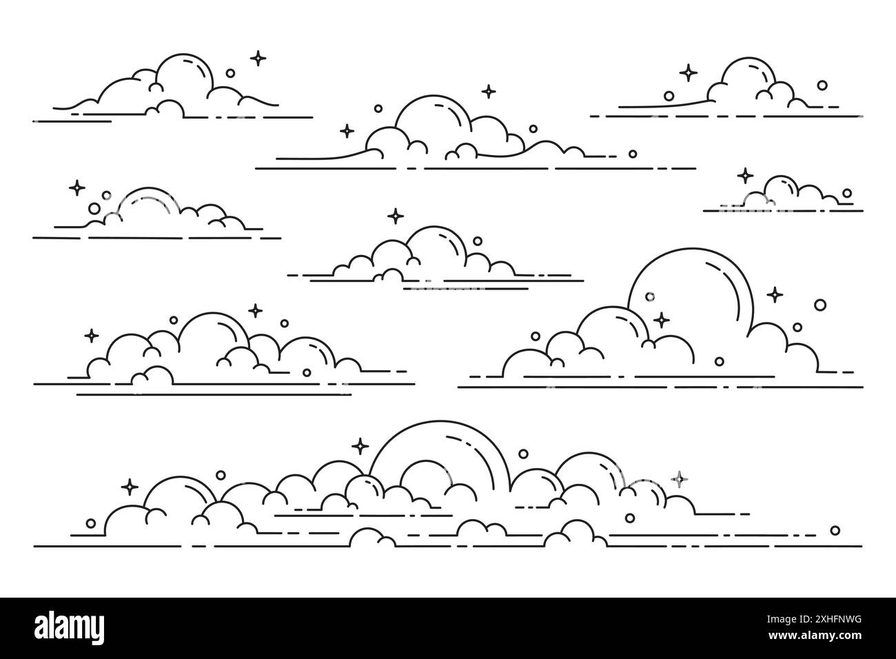 Set di nuvole in stile line art. raccolta di illustrazioni di cloud Illustrazione Vettoriale