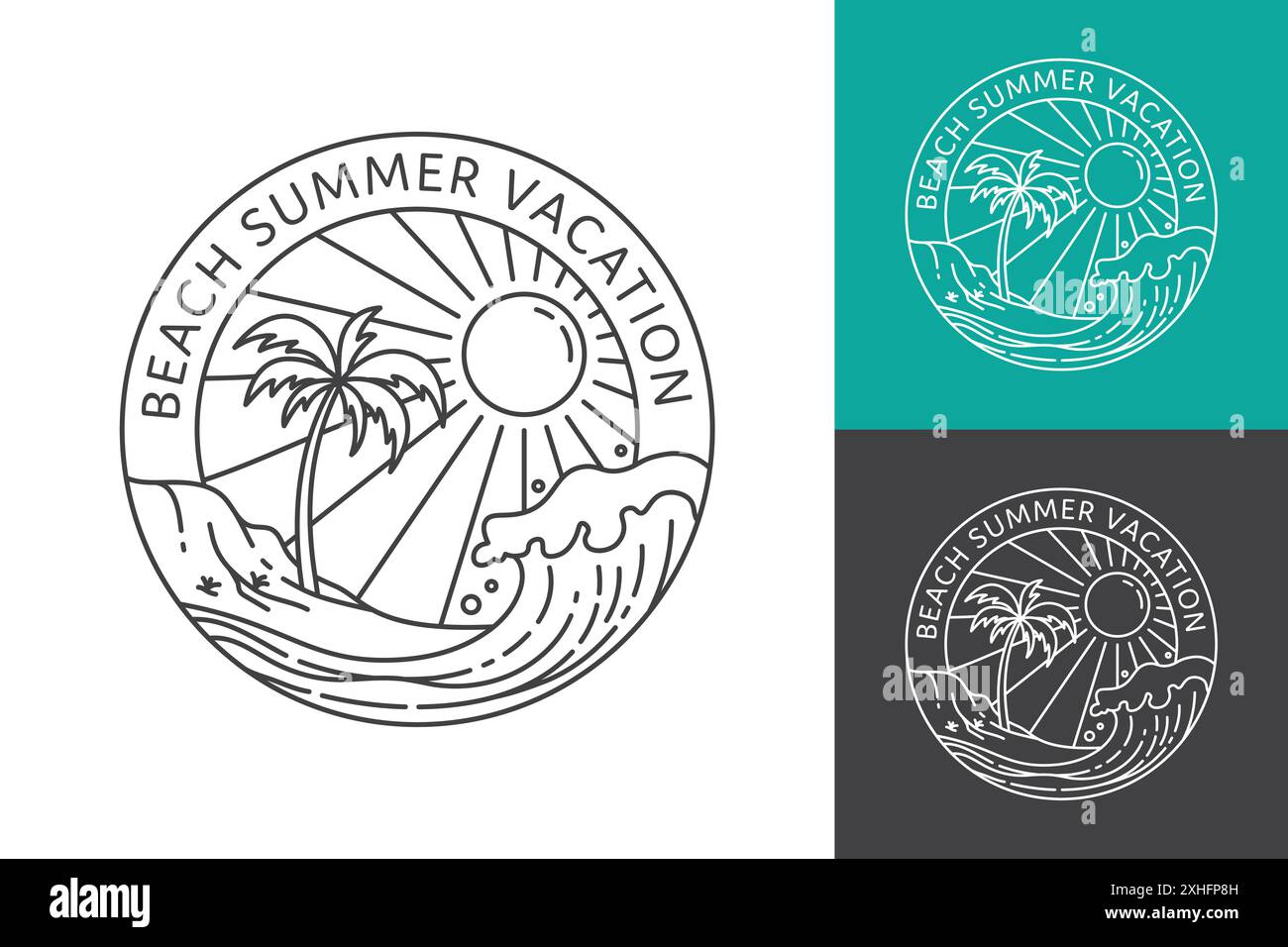 Logo artistico sulla spiaggia tropicale con palme e onde Illustrazione Vettoriale